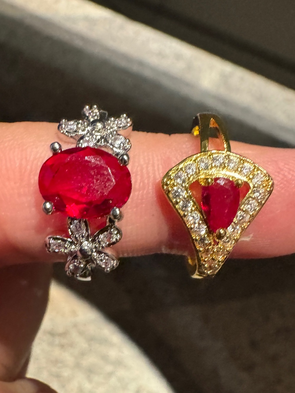 2 Rings Elegant Red Gemstone Ring with Gold and Silver Accents